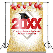Load image into Gallery viewer, Lofaris Red And White Ballons Gold Glitter 2022 Graduation Backdorp
